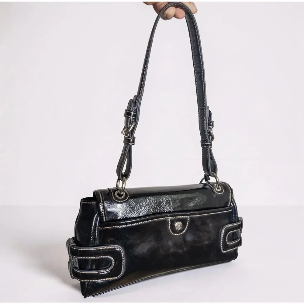 Y2K Franco Sarto Black Patent Leather Buckle Shoulder Bag